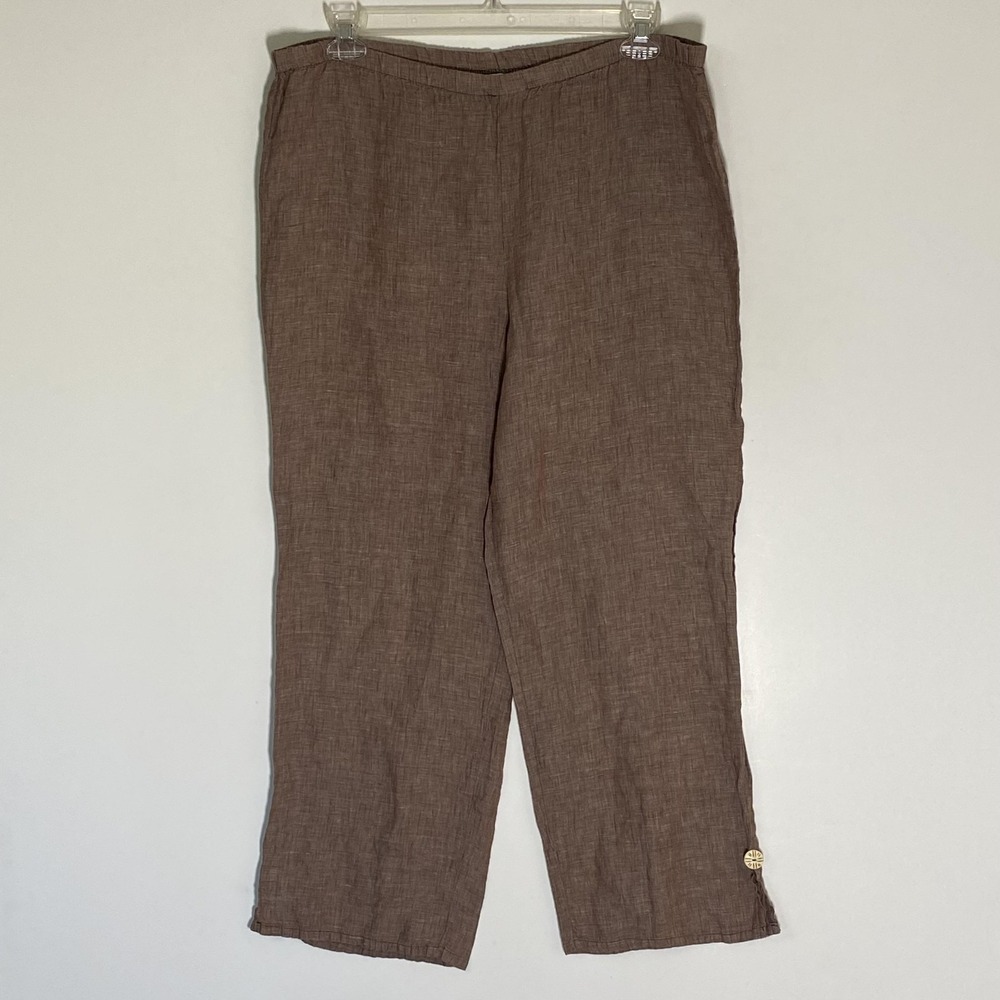 Liz & Jane Pants Womens Medium Brown Linen Capri Button Hem Summer Lagenlook M